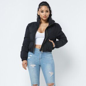 Black Puffer Bubble Crop Jacket Fashion Short Coat sz Large